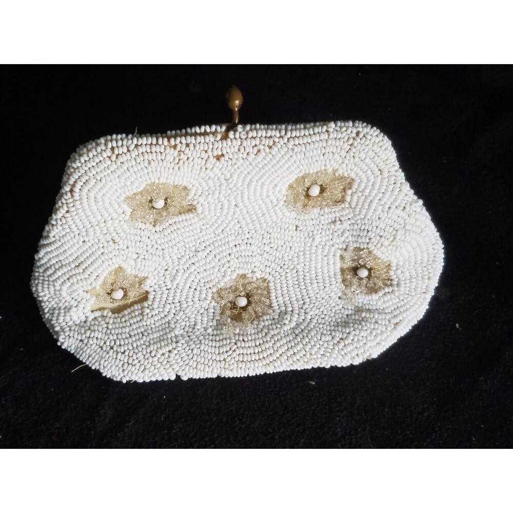 Vtg  Saks Fifth Avenue White Micro Beaded Purse Floral design 50's-60's